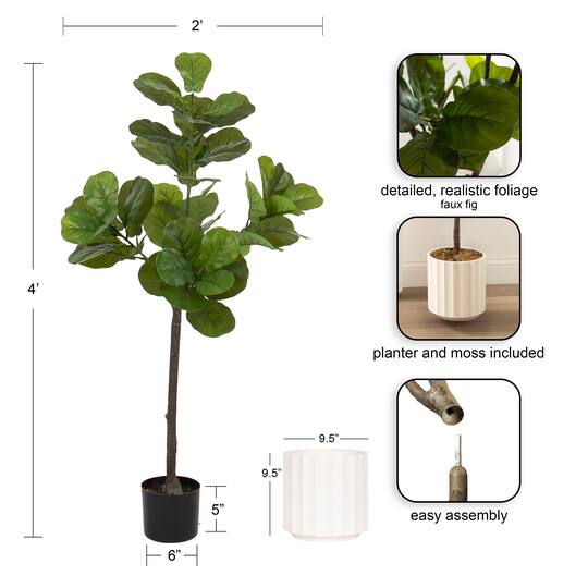 Kate and Laurel 4ft. Fidmont Faux Fiddle Fig Tree with White Planter